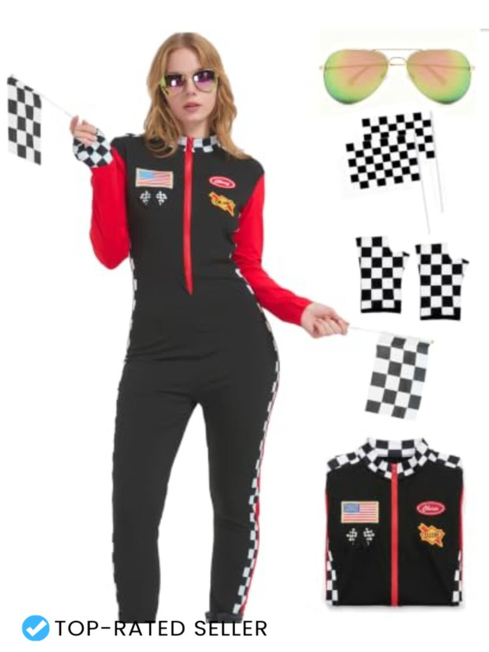 Women's Race Car Driver Halloween Costume Set Jumpsuit Flags Gloves